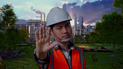 close up of asian male engineer with safety helmet disapproving with no hand sign while standing in front of oil refinery