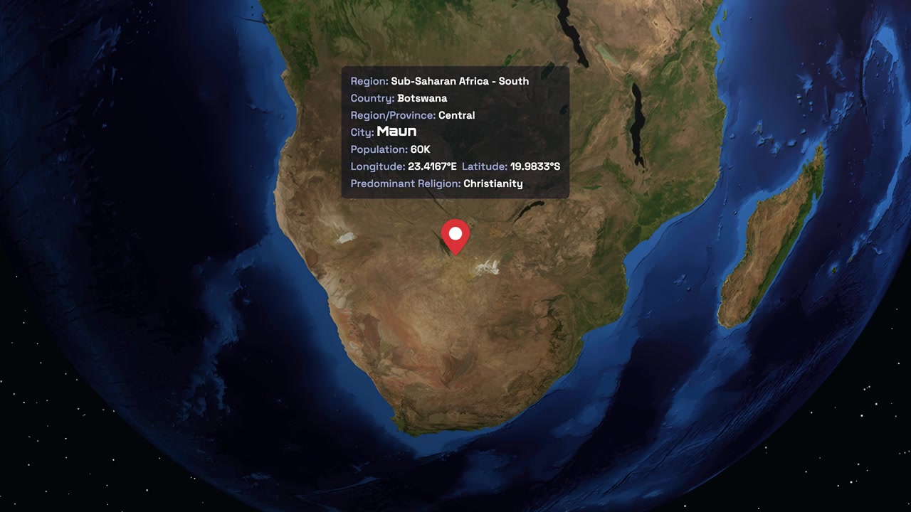 A rotating Earth zooms into Southern Africa, highlighting Maun, Botswana with a digital information panel