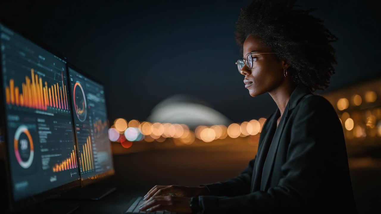 A focused individual analyzes data on computer screens at night, showcasing dedication to information technology and data analytics in a cityscape environment
