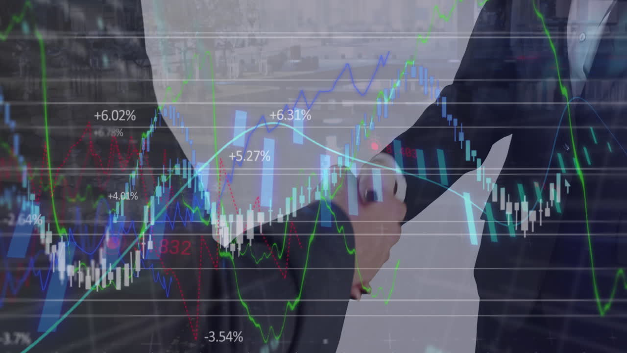 animación del procesamiento de datos financieros sobre personas que se dan la mano