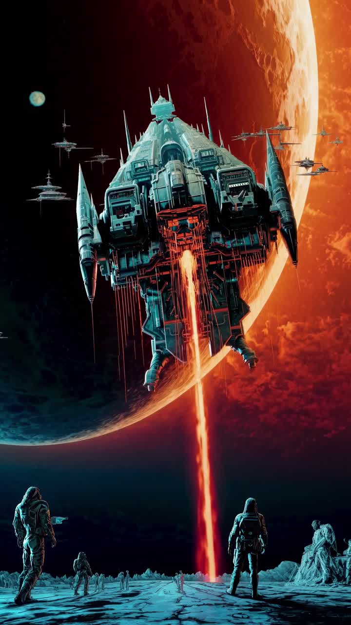 Futuristic sci-fi scene with a spaceship launching from a moon's surface