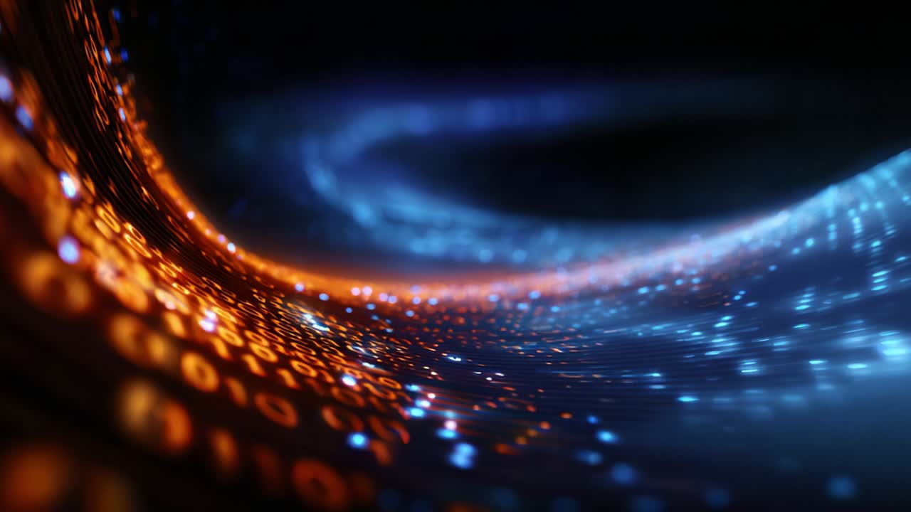 A mesmerizing visual representation of swirling binary data, showcasing vibrant orange and blue light patterns that illustrate the dynamic flow of information in a digital landscape, captivating the eye with its captivating beauty