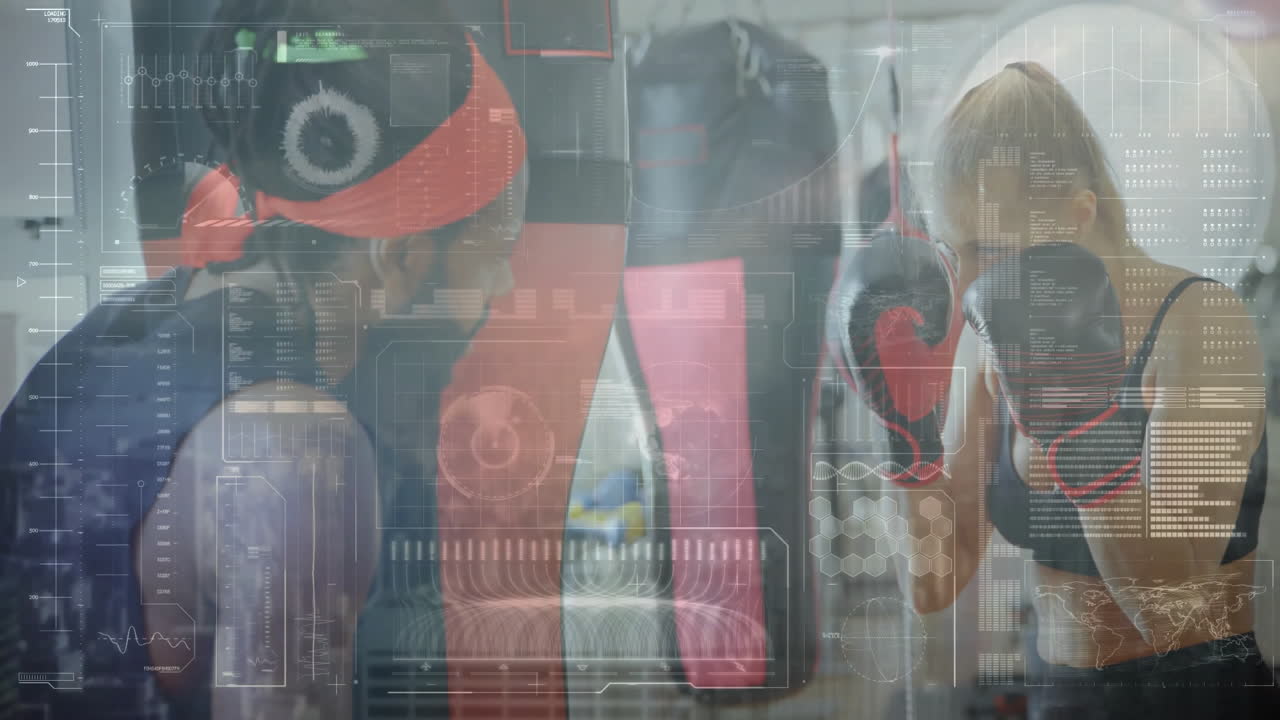 female trainee sparring with male trainer beside heavy punching bag, showing animated data overlays