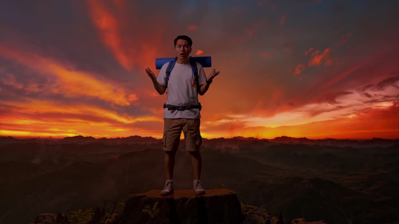 hombre con mochila en el pico de la montaña al atardecer