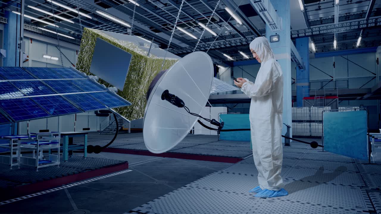 우주선 건설에 서서 스마트폰을 사용하는 아시아 남성 과학자의 전체 몸 측면 시각