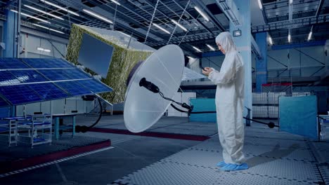 full body side view of asian male scientist using smartphone while standing with spacecraft construction