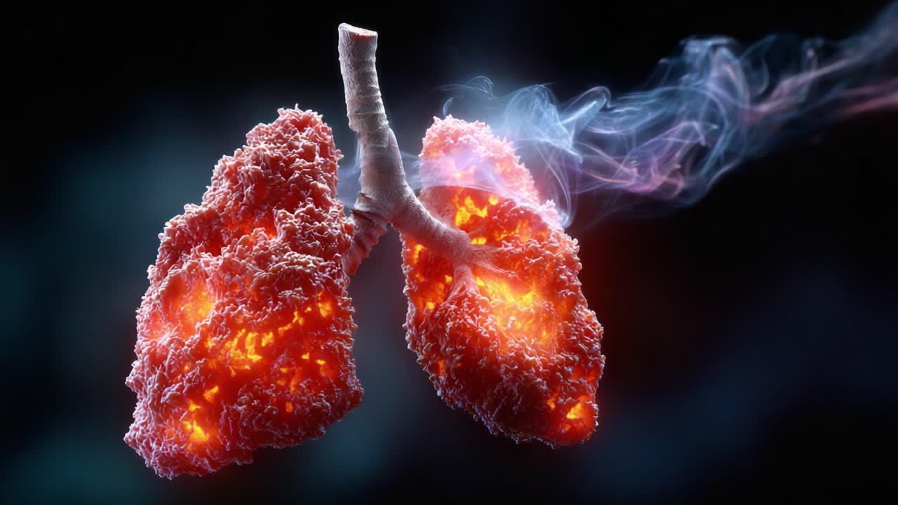 A striking visual representation of human lungs, illuminated by internal flames and surrounded by swirling smoke, highlighting the intricate structure and vitality of the respiratory system