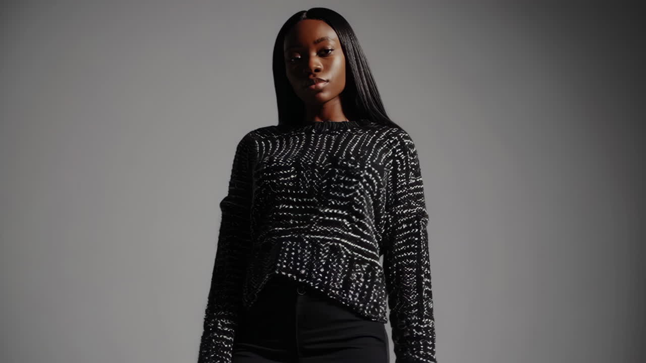 Elegant Young Black Woman Posing in a Patterned Sweater