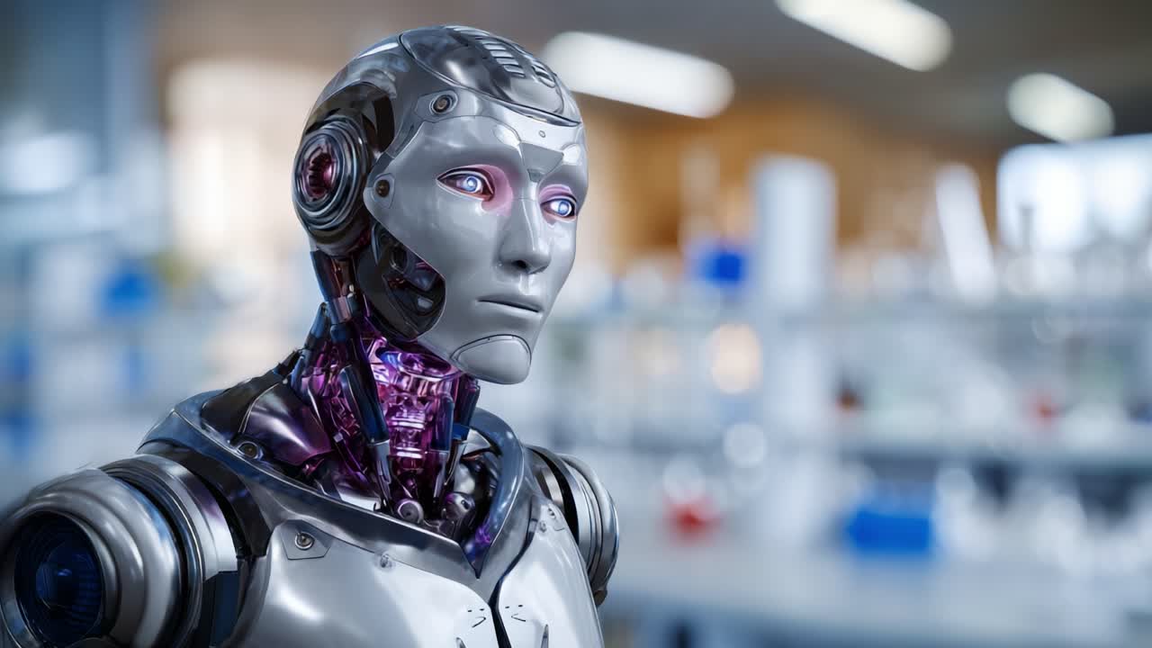 Un robot futuristico con un elegante design metallico e funzionalità illuminate in un ambiente di laboratorio, che mette in mostra la tecnologia avanzata e l'intelligenza artificiale