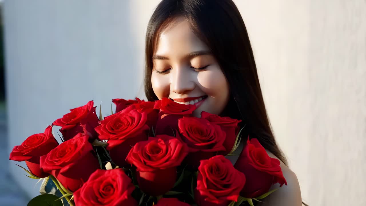 은 장미 새를 맡는 여자