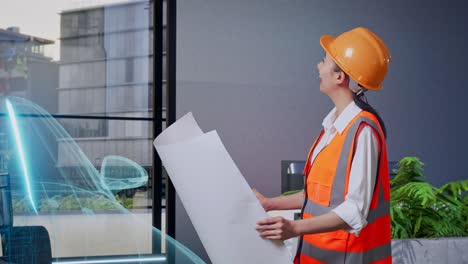 vista lateral de una ingeniera asiática con casco de seguridad mirando el plano en sus manos y mirando a su alrededor mientras está de pie con el concepto de vehículo eléctrico
