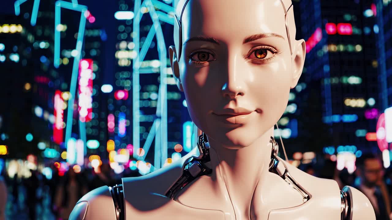 Humanoid artificial intelligence robot encountering businessman within bustling, illuminated metropolitan nightscape, showcasing futuristic human machine interaction and technological innovation