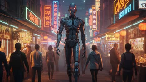 A futuristic robot strides confidently through a bustling neon market, surrounded by crowds of people, showcasing advanced technology amidst vibrant street life
