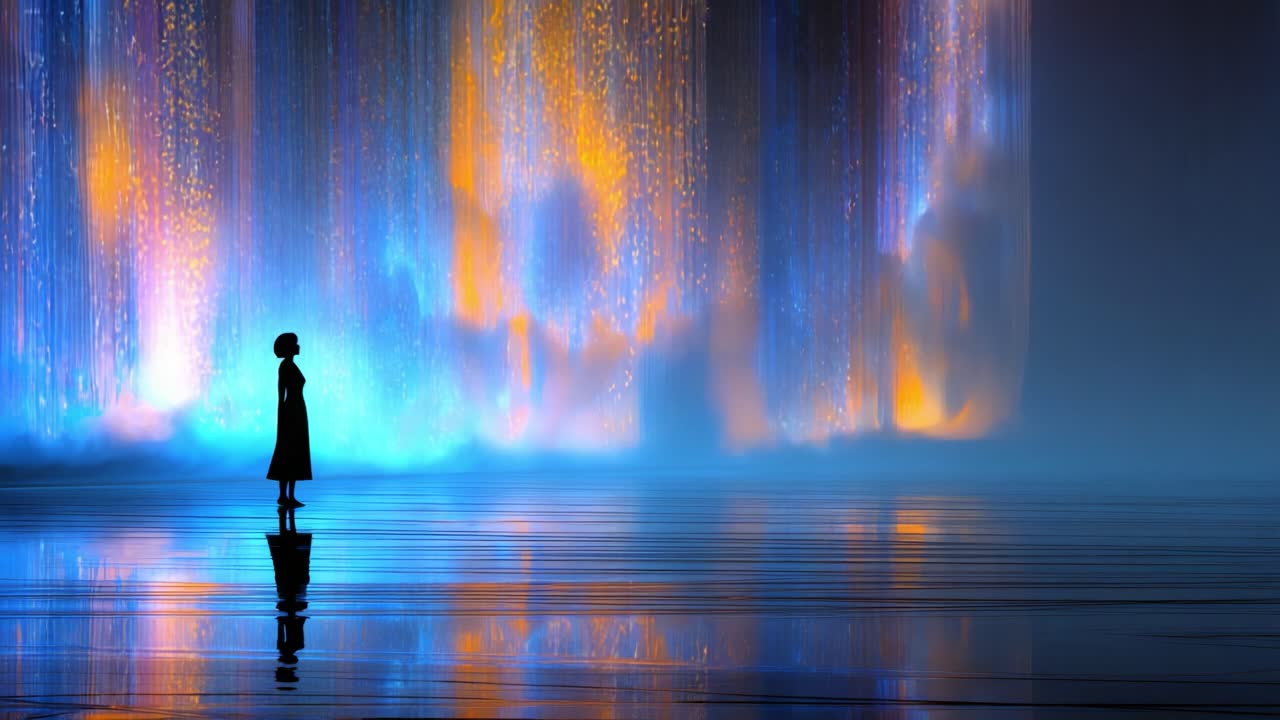 A captivating visual contrast unfolds as a solitary figure stands against shimmering, vibrant curtains of light, creating a mesmerizing interplay of colors and reflections in a serene ambiance