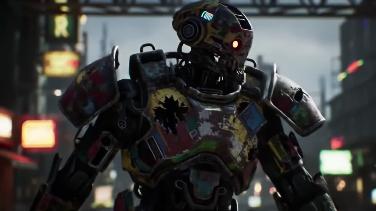 A Colorful Robotic Sentinel Stands Tall in a Cyberpunk City, Showcasing Grit and Innovation Amidst an Urban Backdrop of Neon Lights and Futuristic Elements