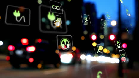 environmental icons animation over busy city street with blurred lights