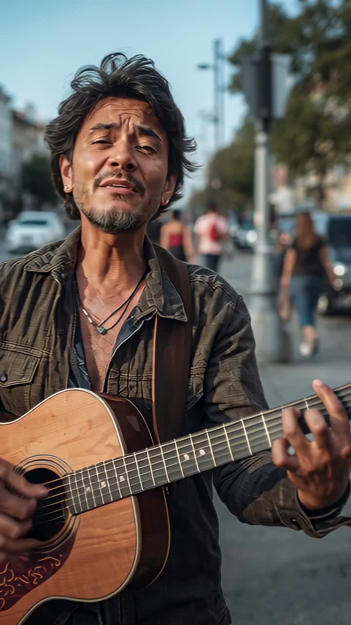 Männlicher Straßenmusiker beginnt, Akustikgitarre zu spielen und auf dem Bürgersteig zu singen, wodurch Passanten angezogen werden.