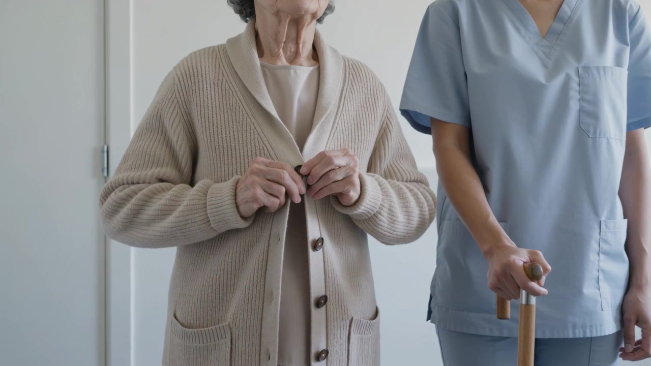 Assistente in piedi, in divisa medica, che aiuta un anziano ad allacciarsi il cardigan nel corridoio di una struttura, mentre l'anziano tiene un bastone.