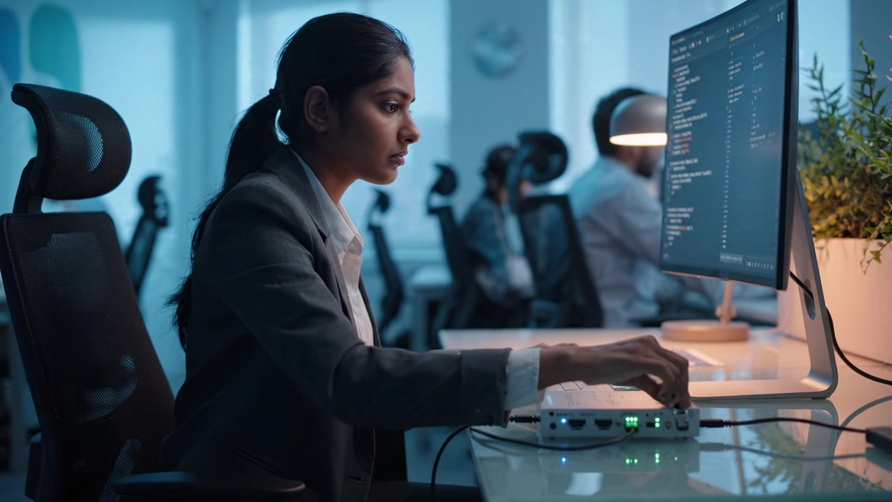 Focused Professional in Office Environment Engaged with Computer Coding and Programming, Highlighting Modern Workspaces and Collaborative Tech Atmosphere