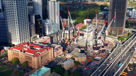 buildings under construction in brisbane cbd, queensland, australia - aerial drone shot