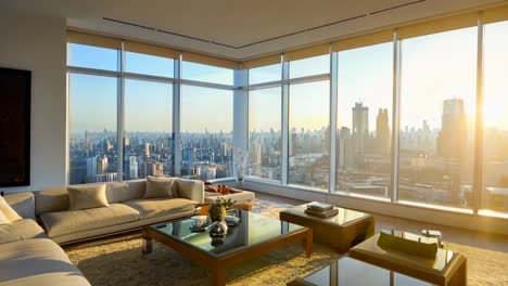 a living room filled with furniture and a view of the city