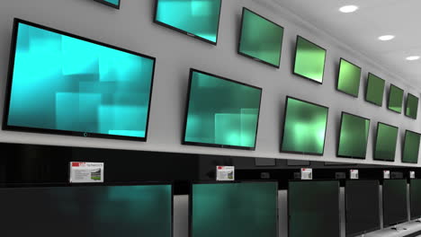 animation of rows of television sets with glowing green screens in store