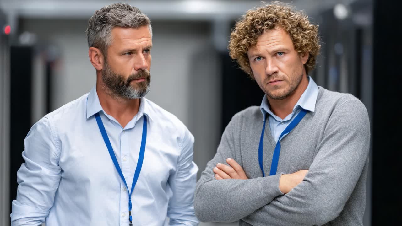 Two Colleagues Engaged in Serious Discussion in an Office Environment, Featuring Intense Expressions and Professional Attire with Lanyards Around Their Necks