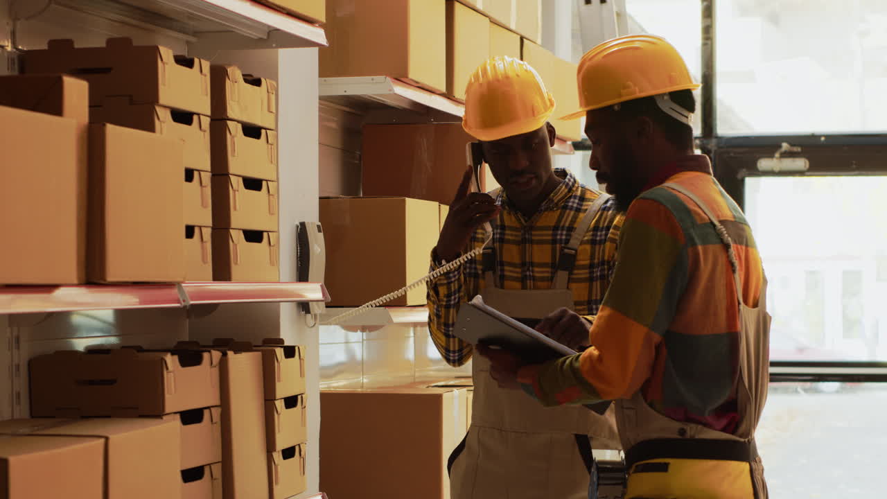 Warehouse workers discussing inventory and making a phone call