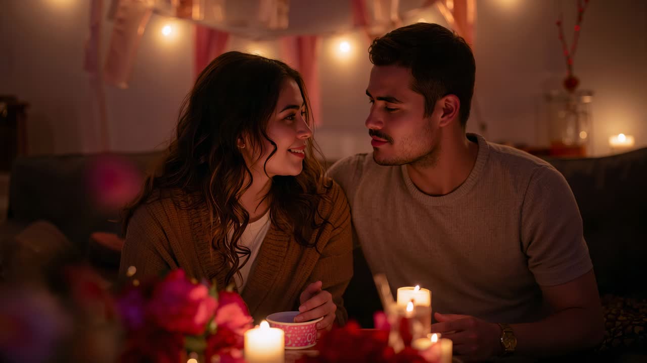 Casal sorrindo e aproveitando a luz de velas, inclinados um ao outro no sofá de casa, segurando uma xícara