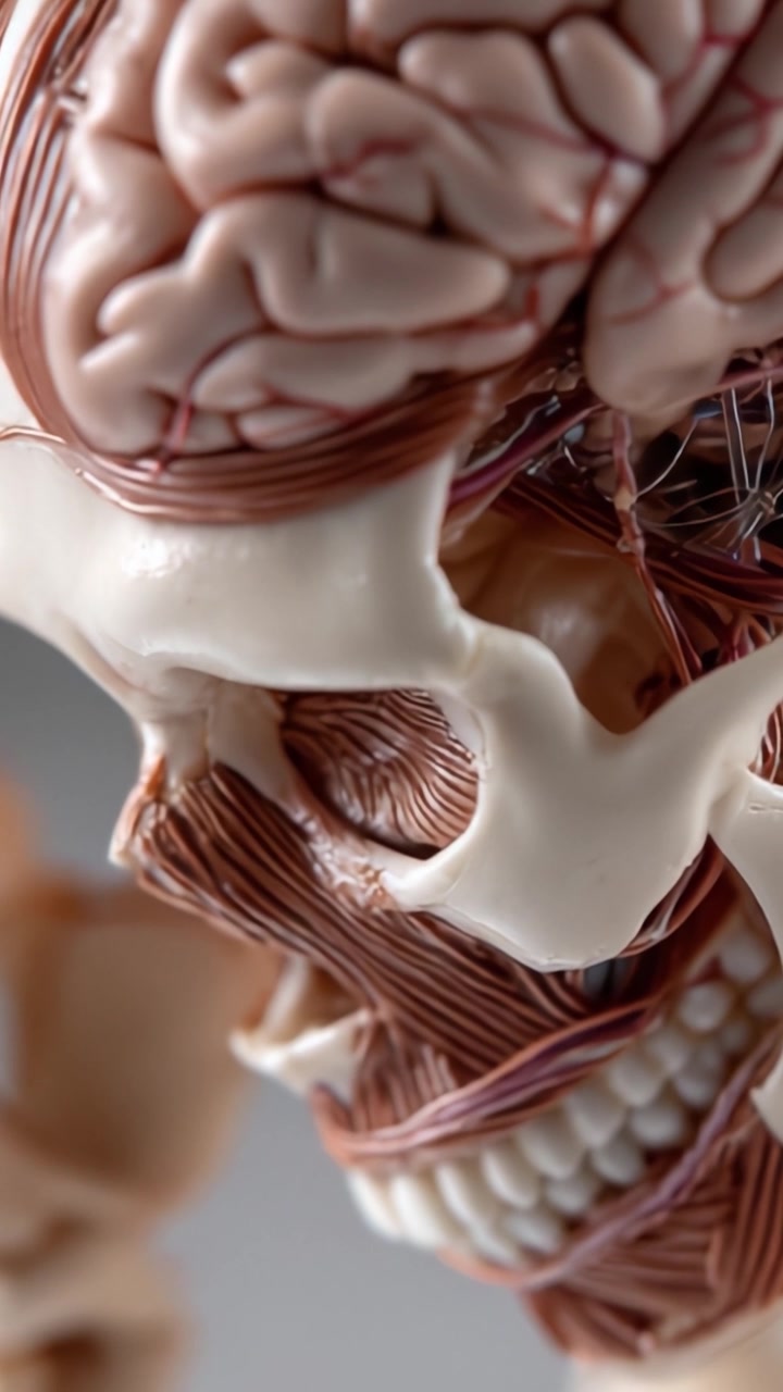 Un esame dettagliato dell'anatomia umana con modelli dettagliati del cranio e del cervello, che evidenzia la muscolatura e le connessioni strutturali in un contesto educativo