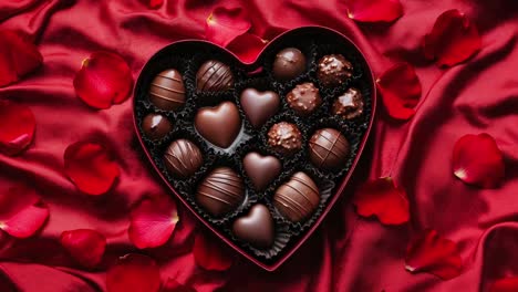 heart-shaped chocolate box on red silk with rose petals