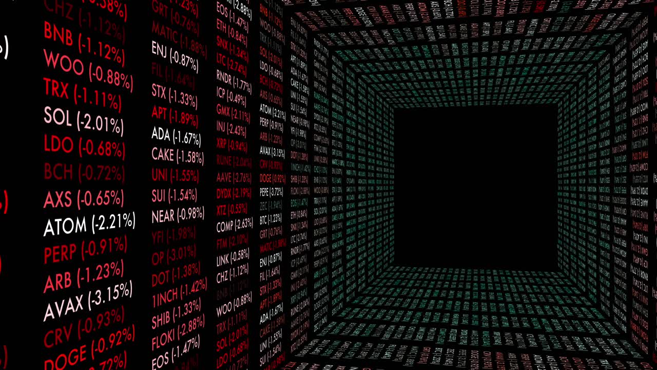 Rows of crypto tickers and prices form a digital tunnel of market volatility