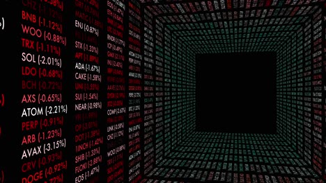 rows of crypto tickers and prices form a digital tunnel of market volatility
