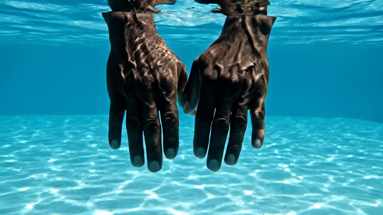 Underwater hands creating bubbles in a pool