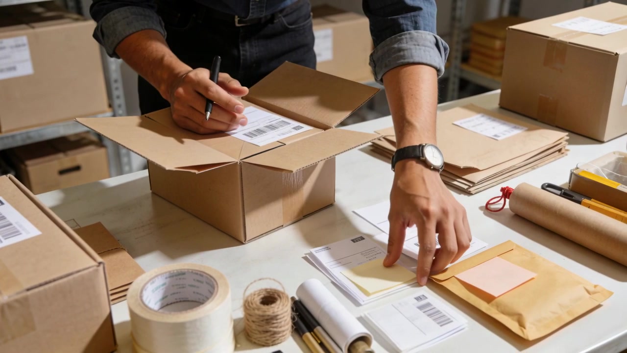 Marking label on open box, dark-shirted packer placing labels and sorting mail at desk for shipment