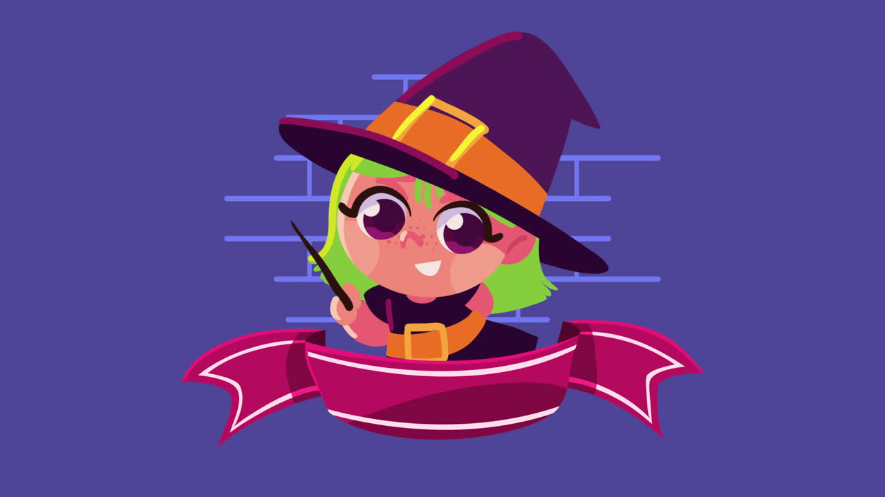 feliz animación de halloween con la pequeña bruja