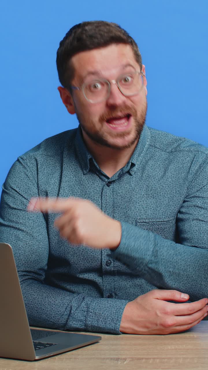 Man working online on laptop recommend program application game positive feedback good offer