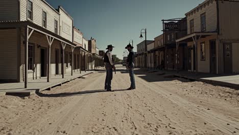 two cowboys confrontation in a western town