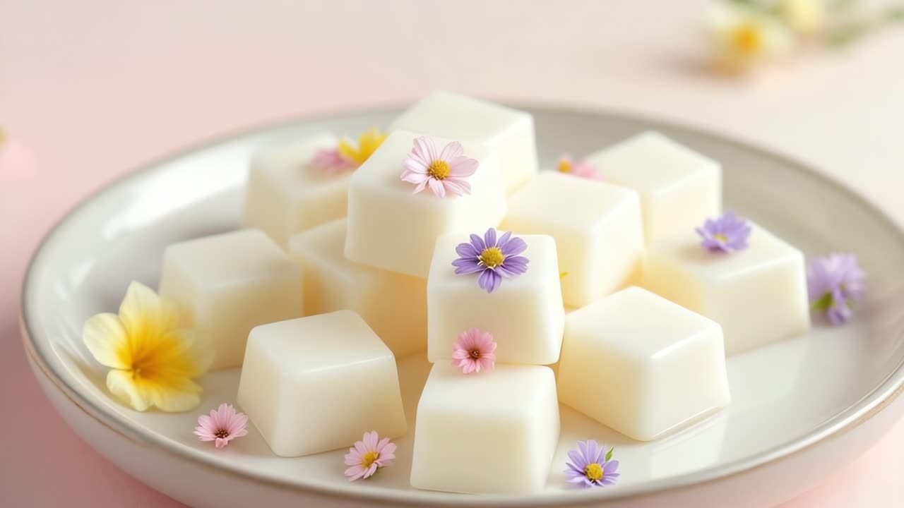 Delicious white chocolate cubes decorated with small colorful flowers served on a plate on a pink background