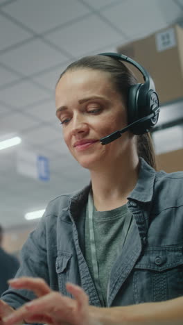 mujer con auriculares en la oficina