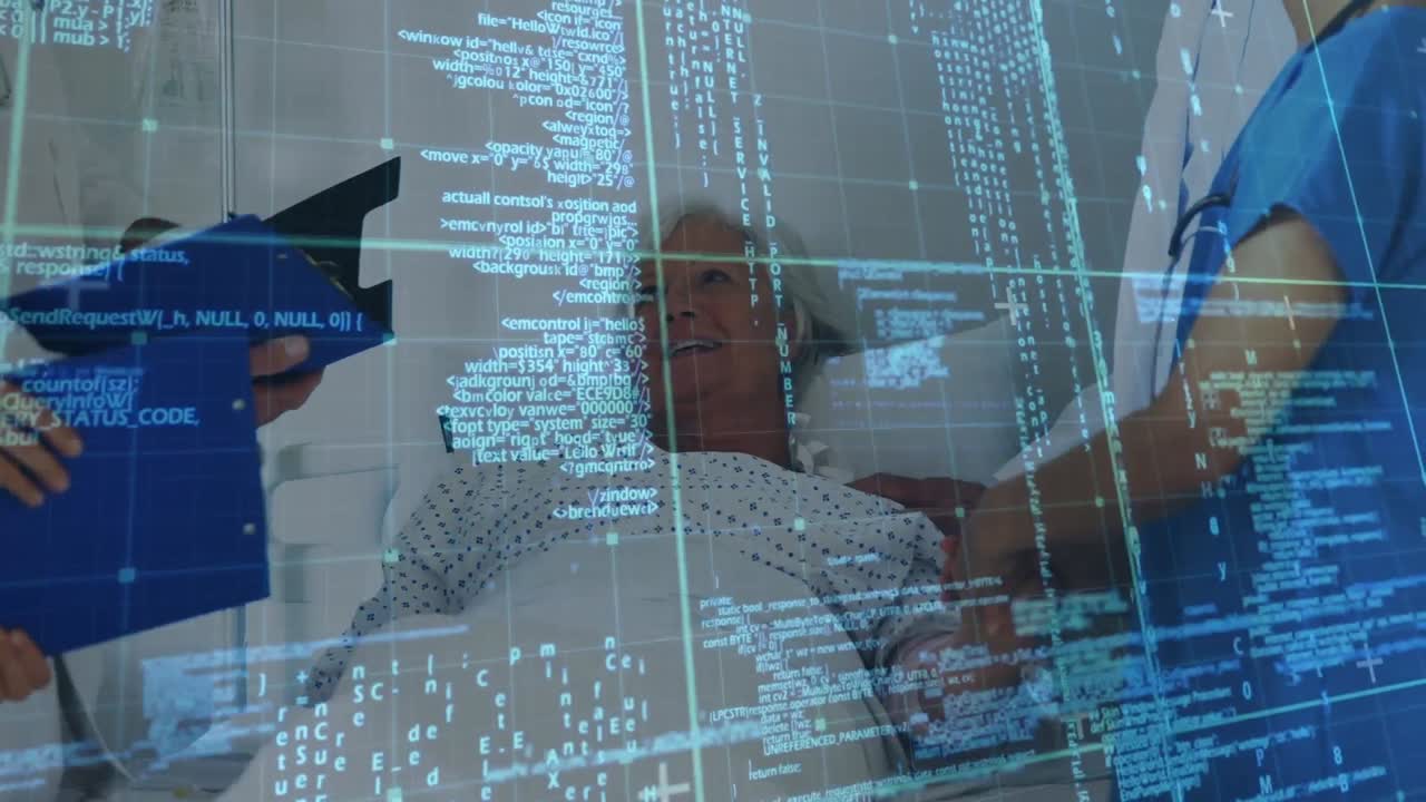 Animation of data processing over female doctor with senior patient