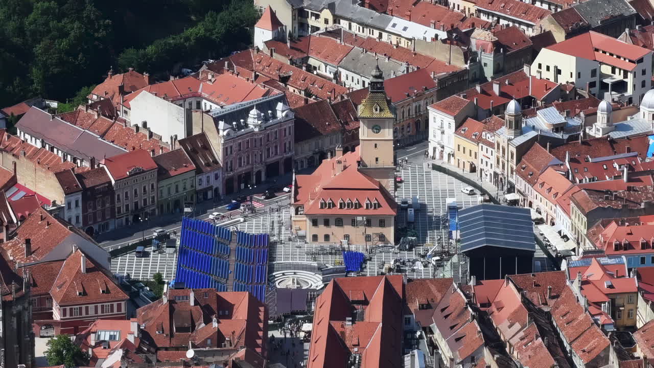 Aerial drone view of The Council Square in the historic center of Brasov, Romania