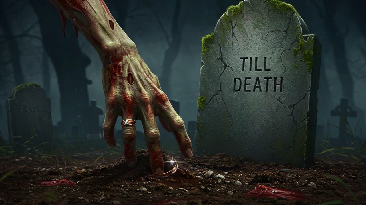 A chilling depiction of a zombie hand emerging from a grave, reaching for a buried wedding ring, symbolizing the eternal bond even in death, surrounded by eerie tombstones