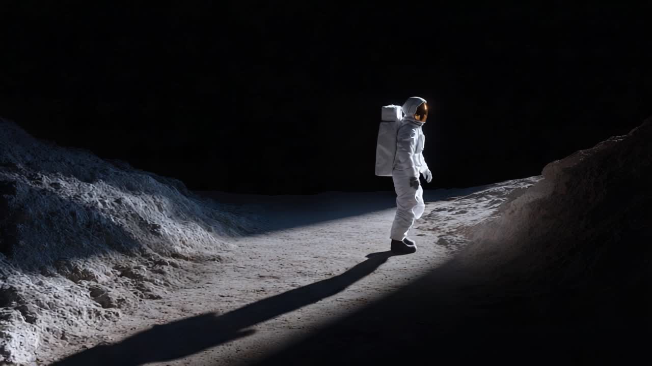 Ein einsamer Astronaut erkundet die trostlose Landschaft eines außerirdischen Mondes und wirft Schatten auf das faszinierende Gelände unter einem dunklen, sternenklaren Himmel.