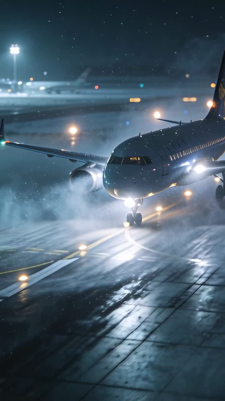Video verticale: Aereo di linea in rullaggio dopo l'autorizzazione lungo una via di rullaggio bagnata di notte, producendo vapore dal motore.