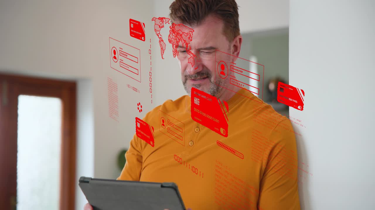 Mature man holding tablet, viewing red AR map and cards, tapping and swiping, updating tech data