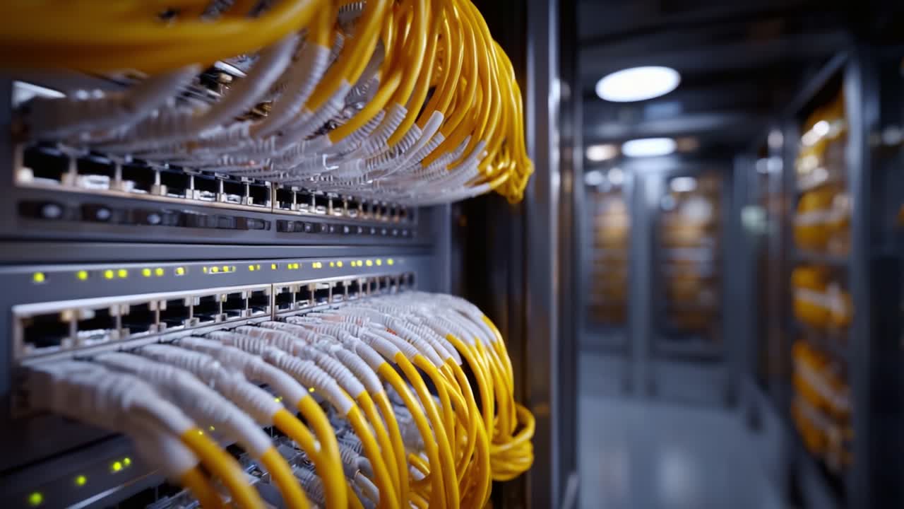 Connecting Networks: A Close-Up of Yellow Ethernet Cables in a Data Center Rack with Server Infrastructure Prominently Displayed