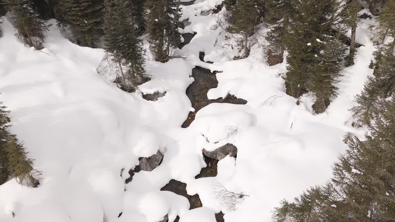 Aerial View of a Tranquil Snow-Covered Forest Stream in Winter, British Columbia, Canada.