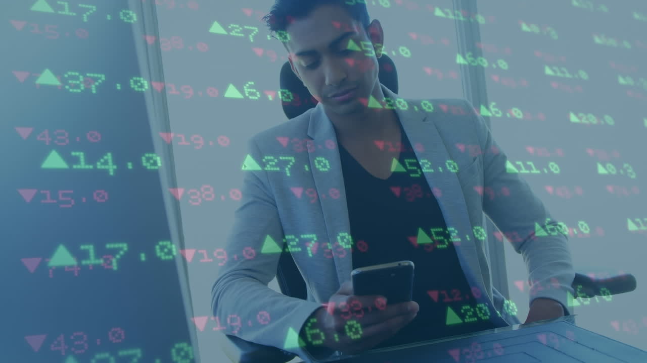 Animation of stock market over biracial businessman using smartphone