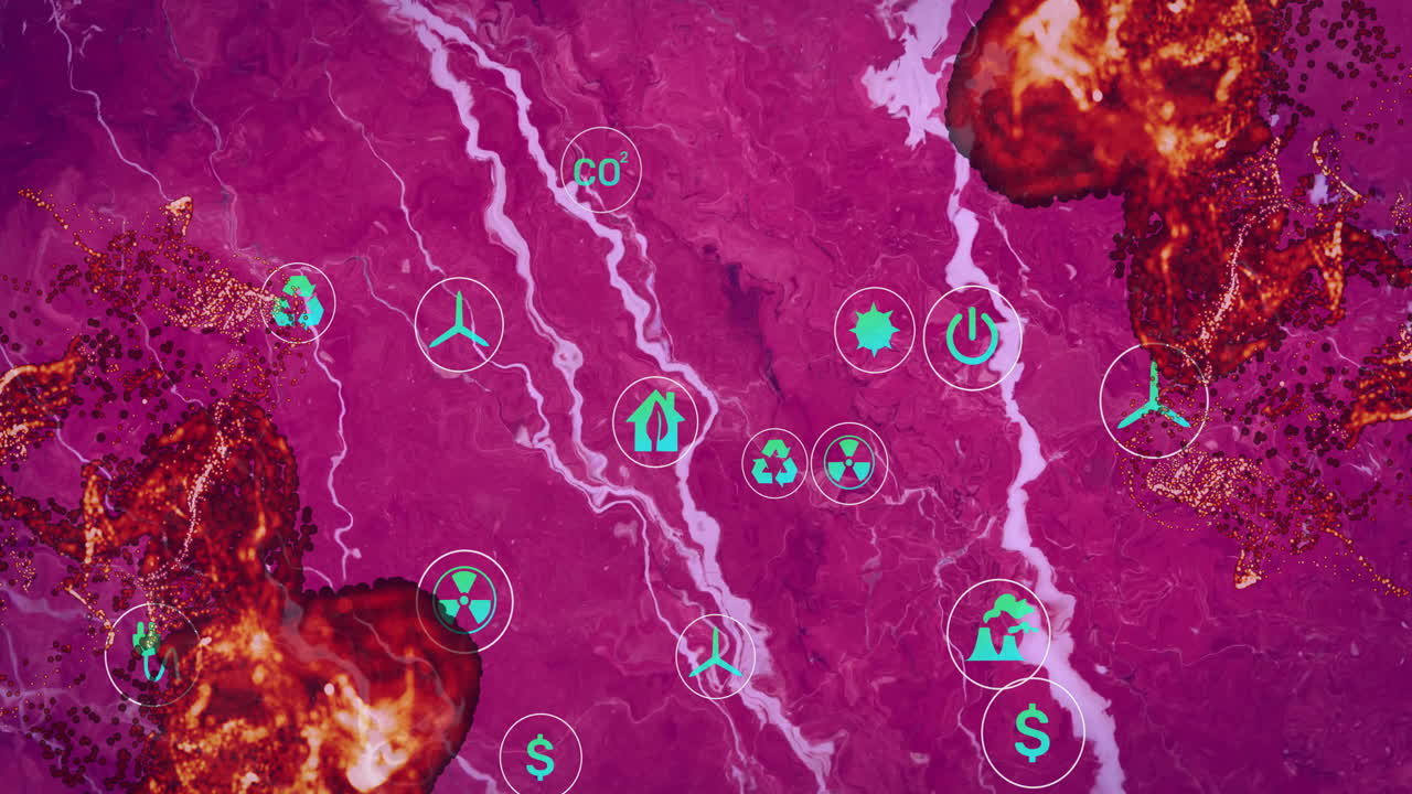 Animation of environmental icons on pink and red textured background